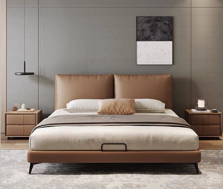 Genuine Leather Tofu Block Back Leather Bedroom Bed