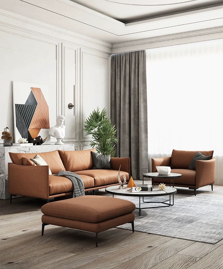 Light Brown Minimalist Wear-Resistant Leather Sofa