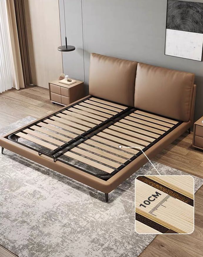 Genuine Leather Tofu Block Back Leather Bedroom Bed