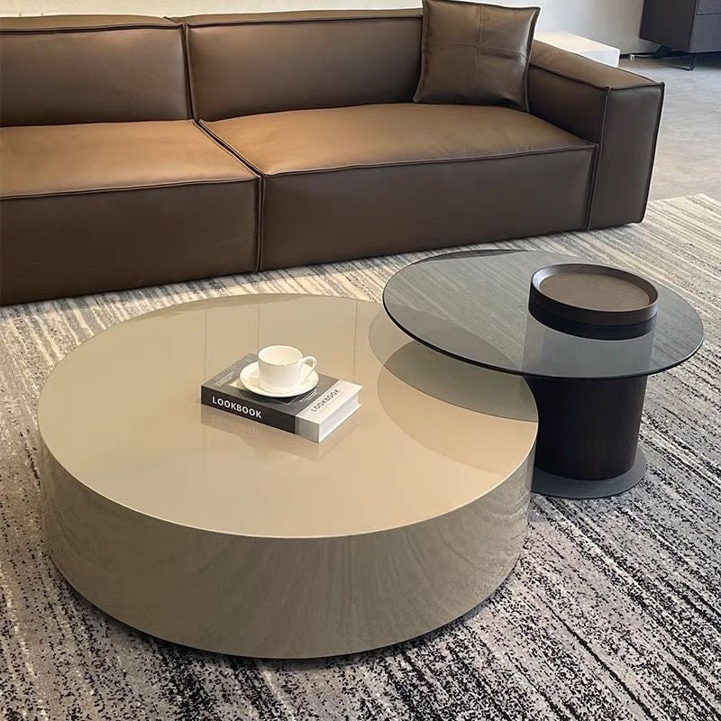 Modern Minimalist Solid Wood and Glass Round Coffee Table Set