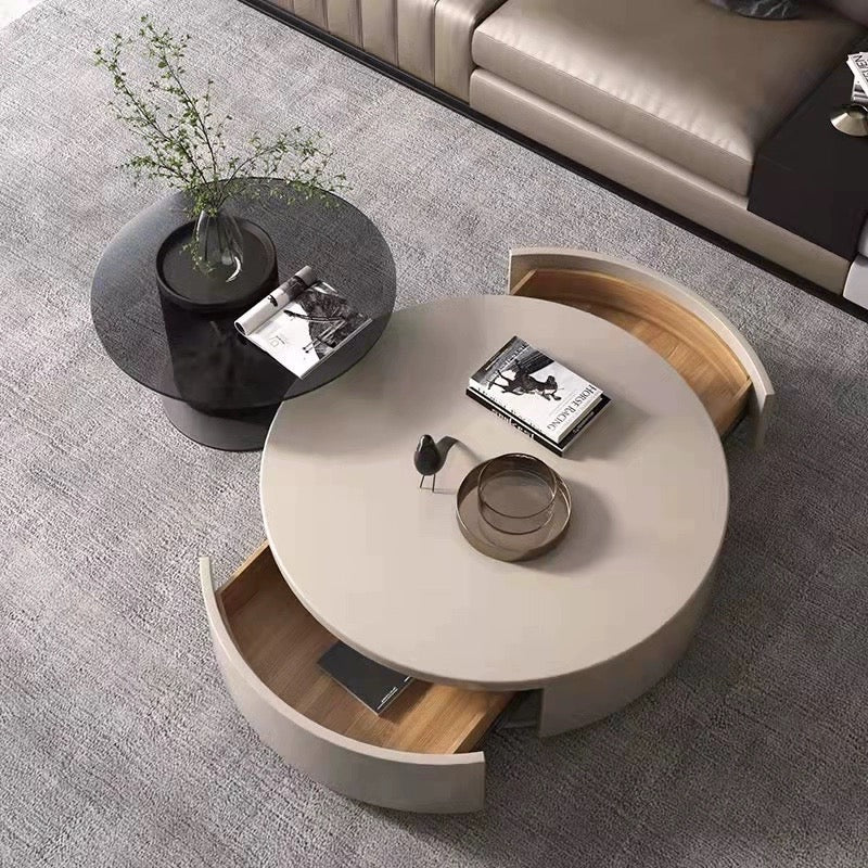 Modern Minimalist Solid Wood and Glass Round Coffee Table Set