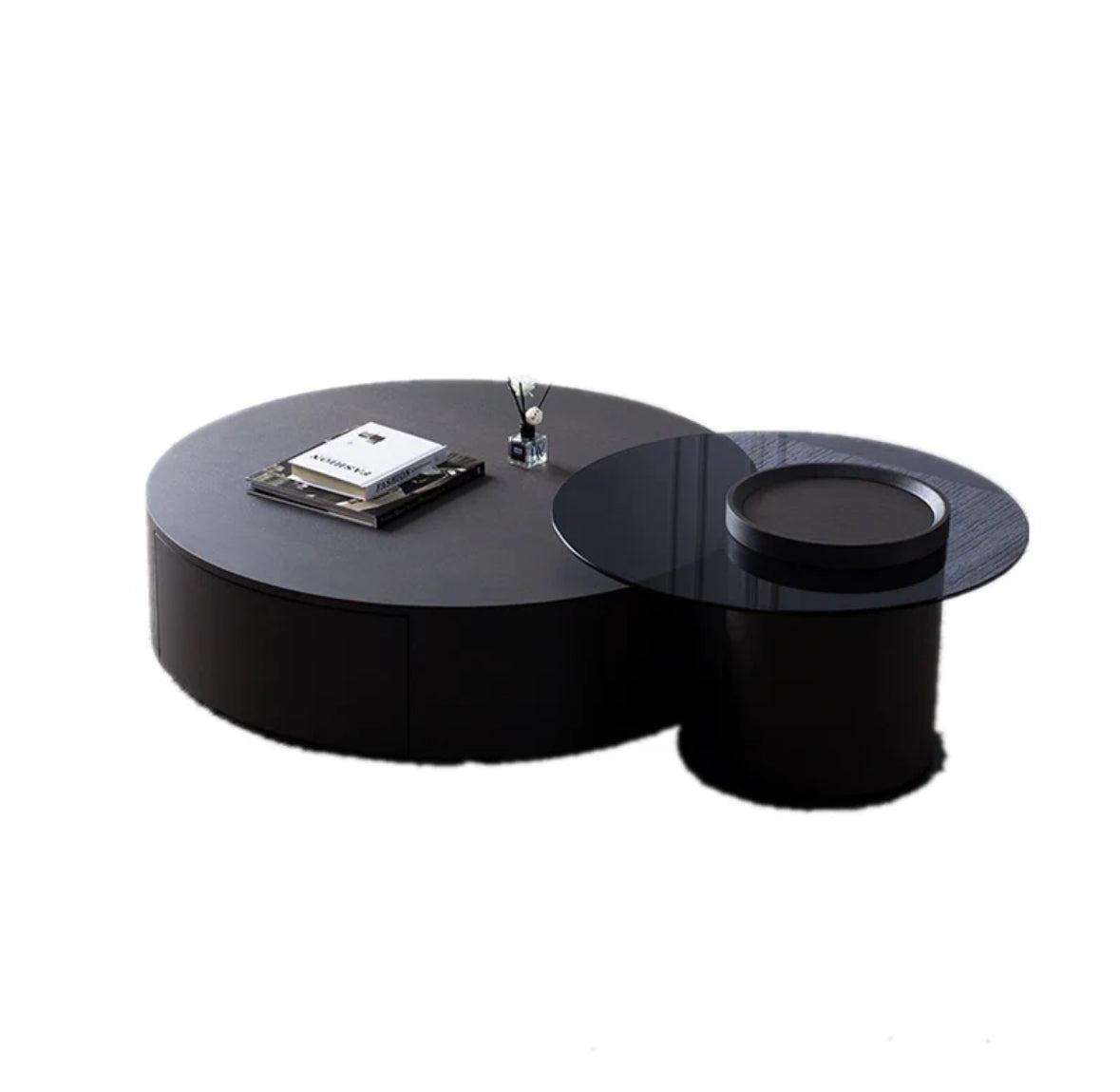 Modern Minimalist Solid Wood and Glass Round Coffee Table Set
