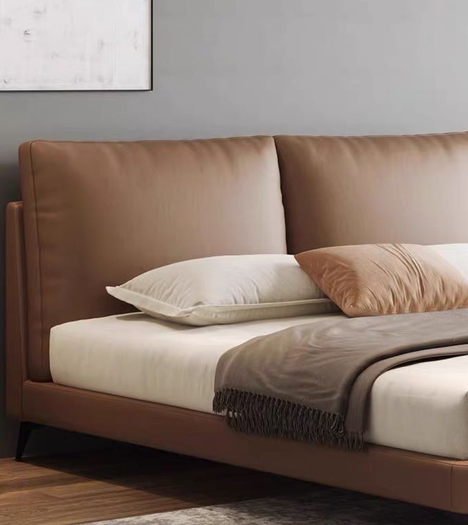 Genuine Leather Tofu Block Back Leather Bedroom Bed
