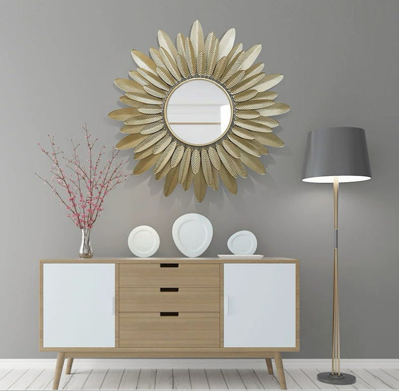French Luxury Metal Feather Mirror Wall Decor