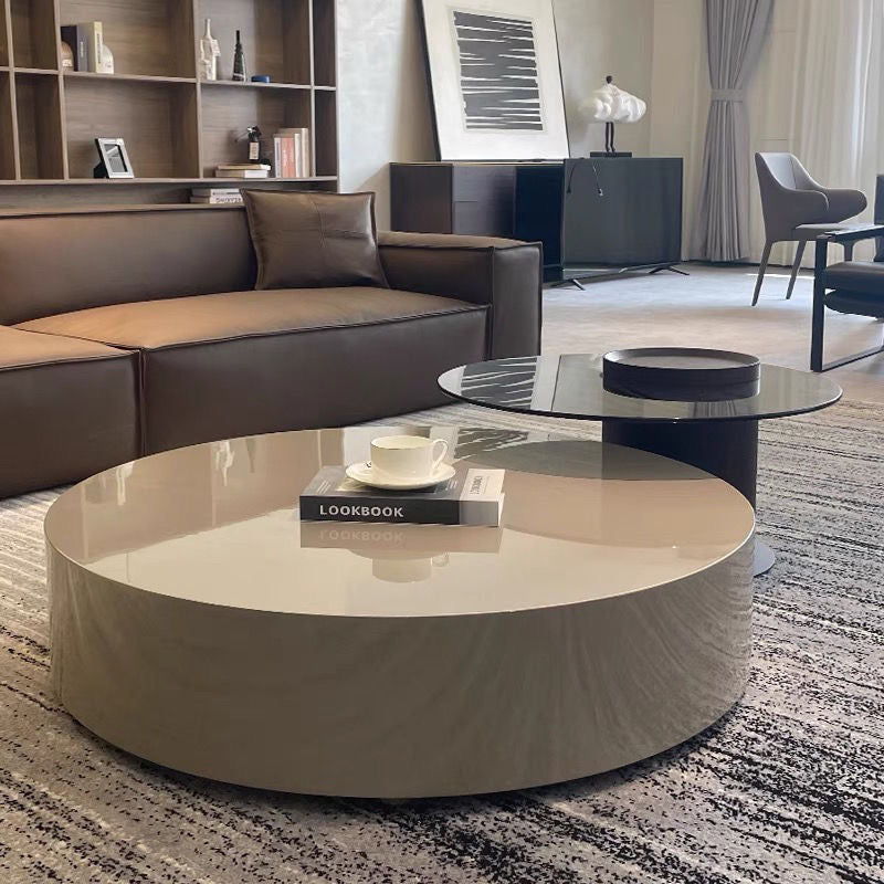 Modern Minimalist Solid Wood and Glass Round Coffee Table Set