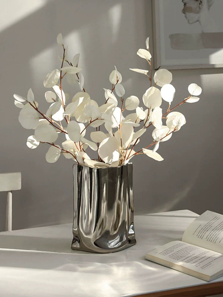 Nordic Style Silver Vase and Artificial Flower Set